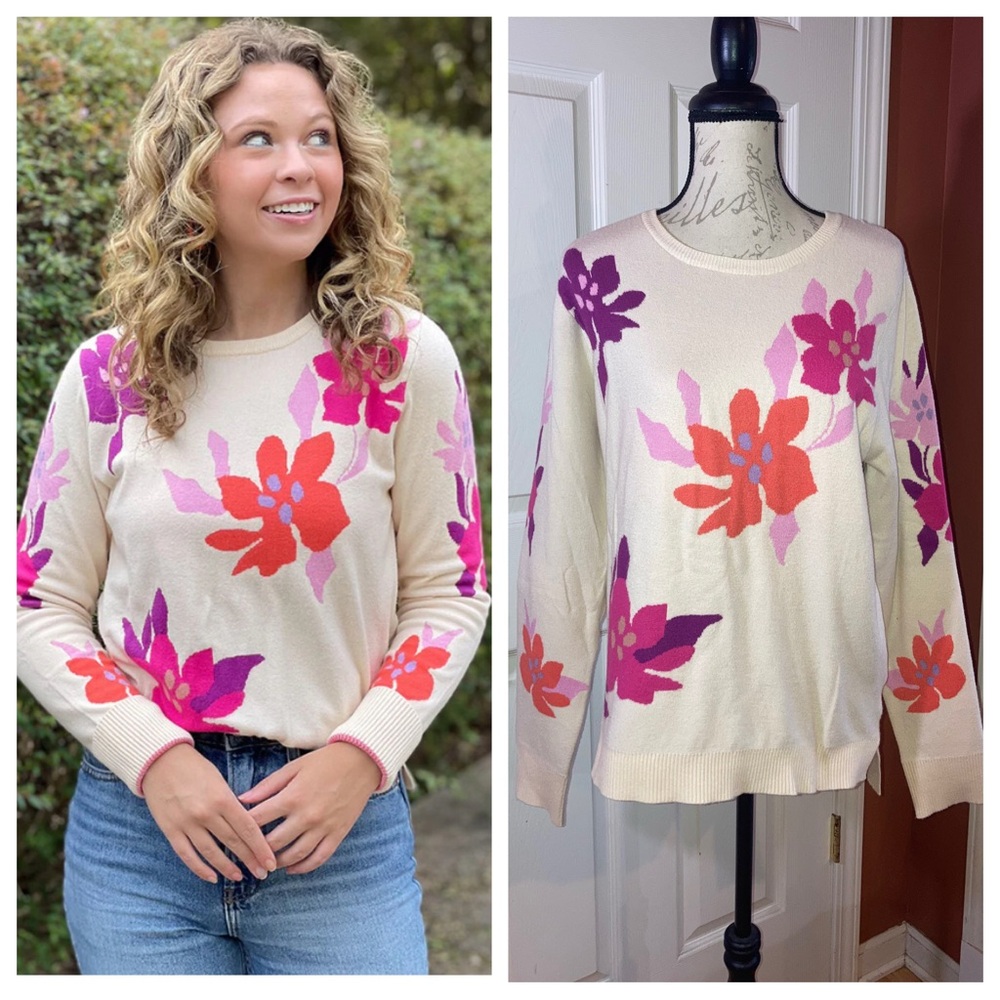 NWT THML Field Goal Floral Knit Crewneck Soft Sweater Sz XLarge